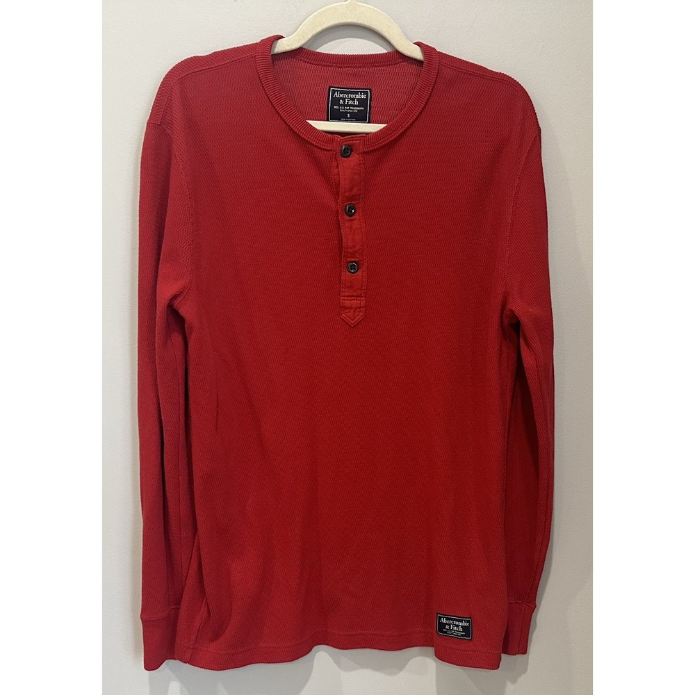 Abercrombie & Fitch Men's Small Red Waffle Knit Thermal Henley  Long Sleeve Y2K